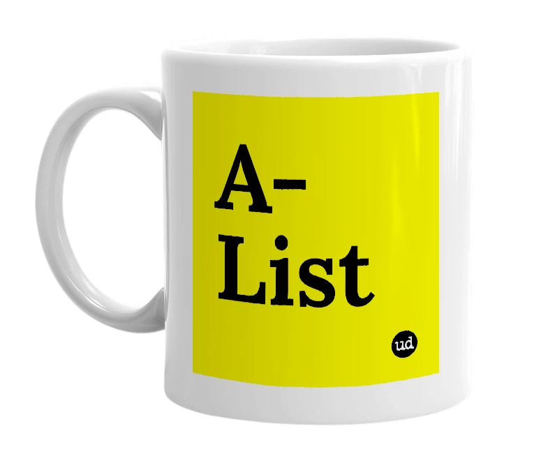 White mug with 'A-List' in bold black letters