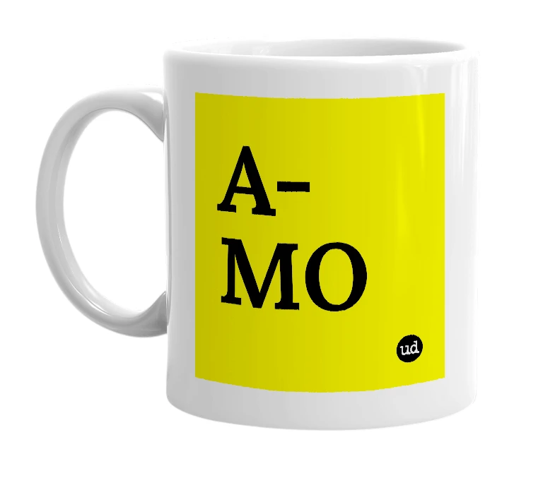 White mug with 'A-MO' in bold black letters