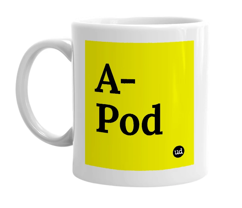 White mug with 'A-Pod' in bold black letters