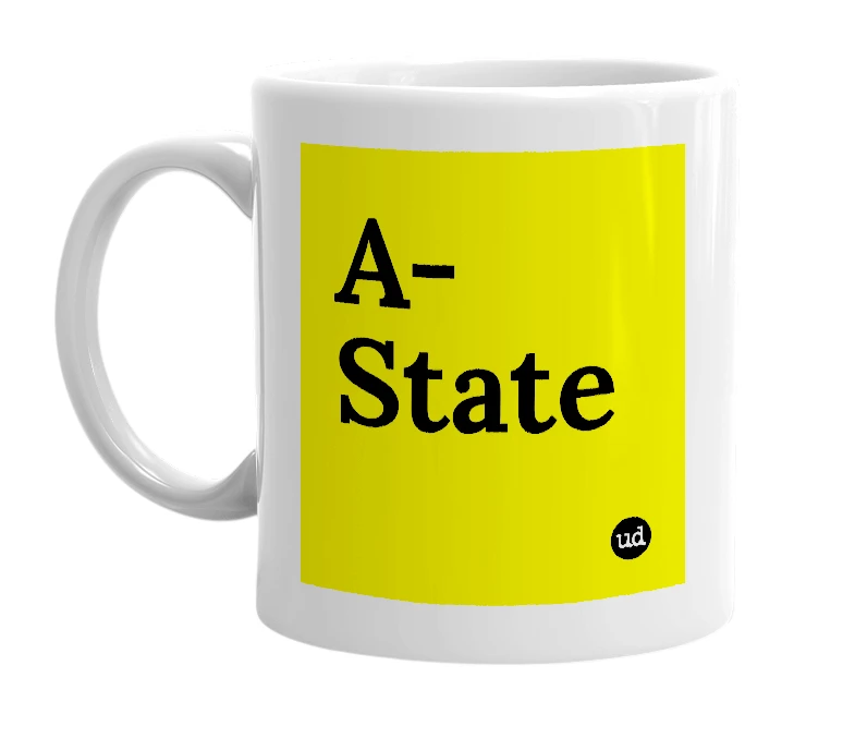 White mug with 'A-State' in bold black letters