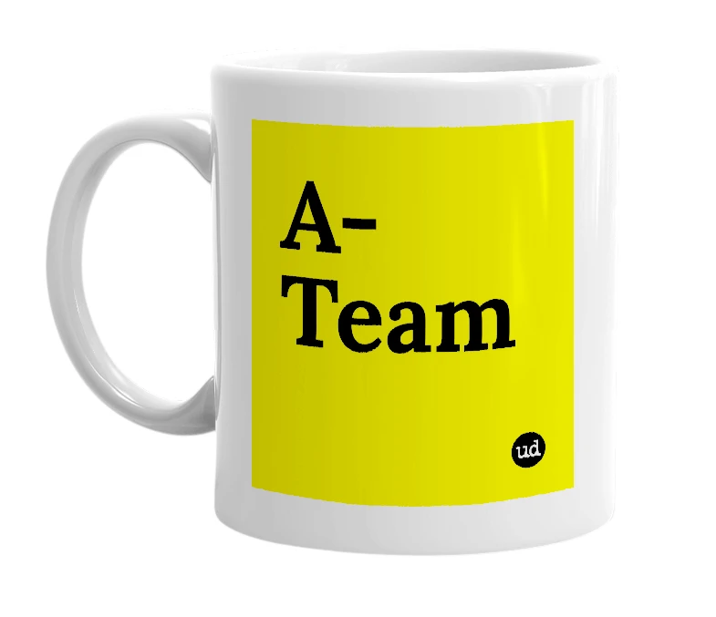 White mug with 'A-Team' in bold black letters