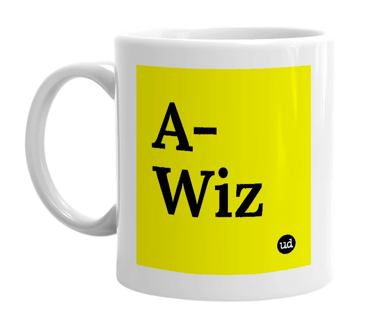 White mug with 'A-Wiz' in bold black letters
