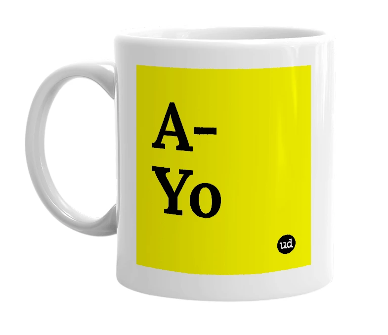 White mug with 'A-Yo' in bold black letters
