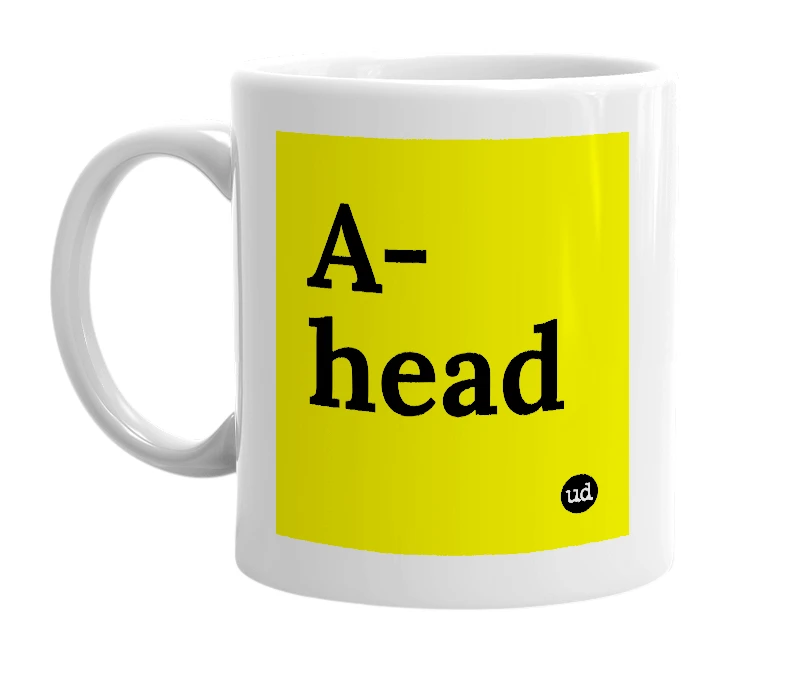 White mug with 'A-head' in bold black letters