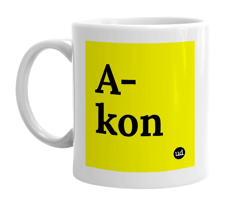 White mug with 'A-kon' in bold black letters
