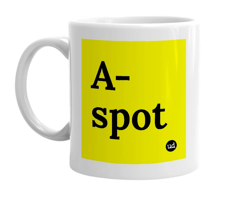White mug with 'A-spot' in bold black letters