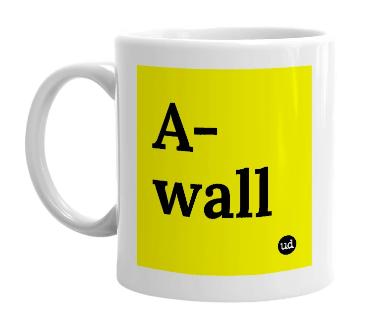 White mug with 'A-wall' in bold black letters