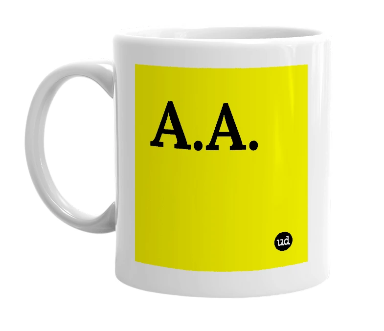 White mug with 'A.A.' in bold black letters