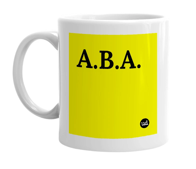 White mug with 'A.B.A.' in bold black letters