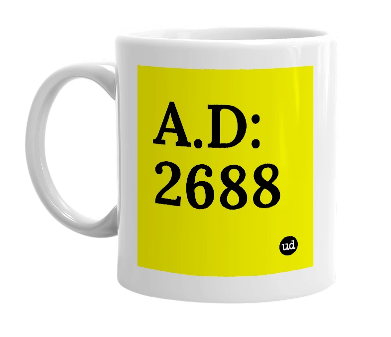 White mug with 'A.D:2688' in bold black letters
