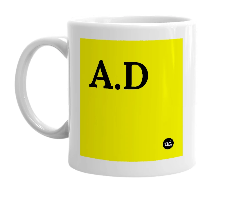 White mug with 'A.D' in bold black letters