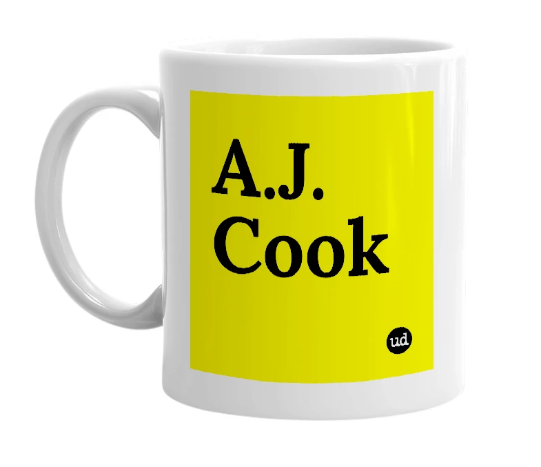 White mug with 'A.J. Cook' in bold black letters