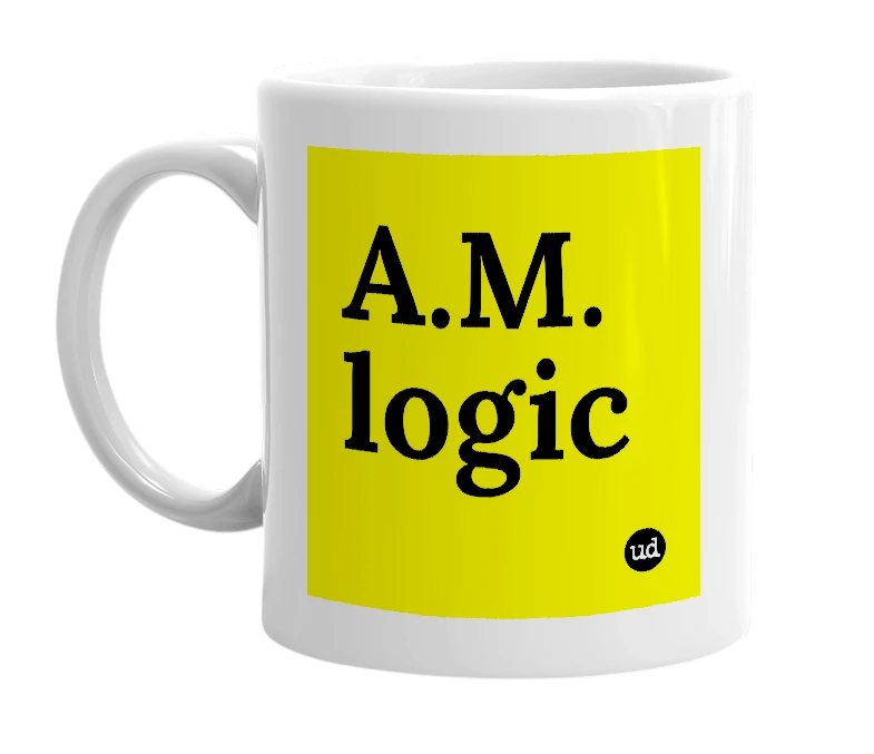 White mug with 'A.M. logic' in bold black letters