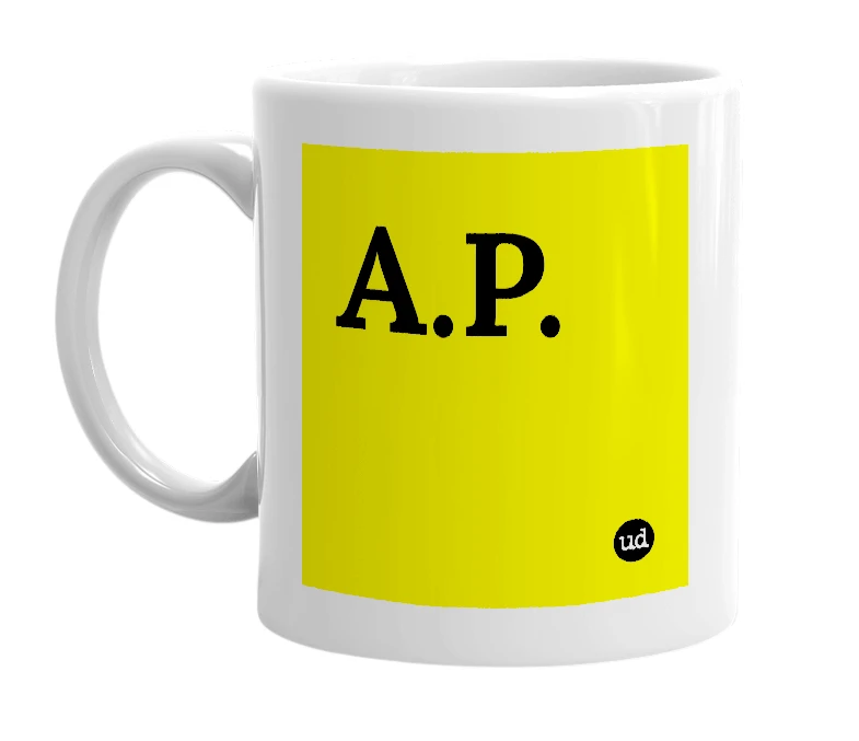 White mug with 'A.P.' in bold black letters