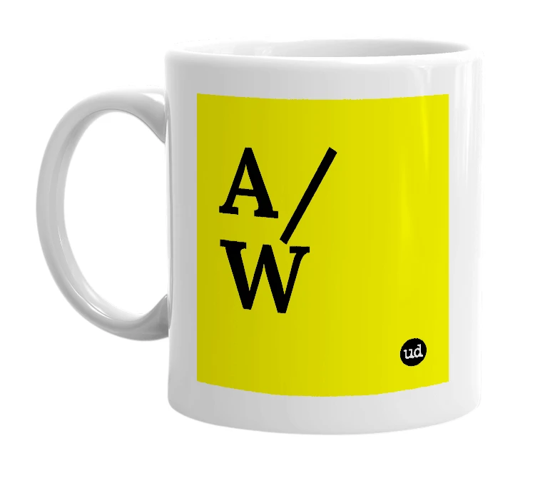 White mug with 'A/W' in bold black letters