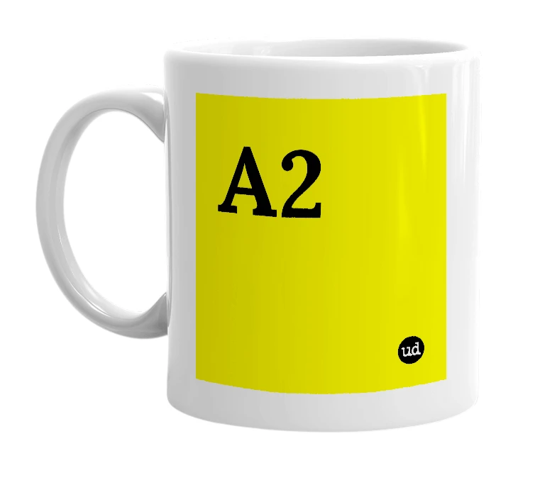 White mug with 'A2' in bold black letters