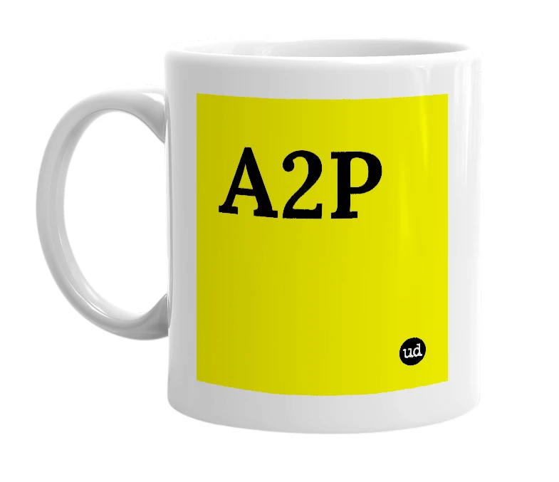 White mug with 'A2P' in bold black letters