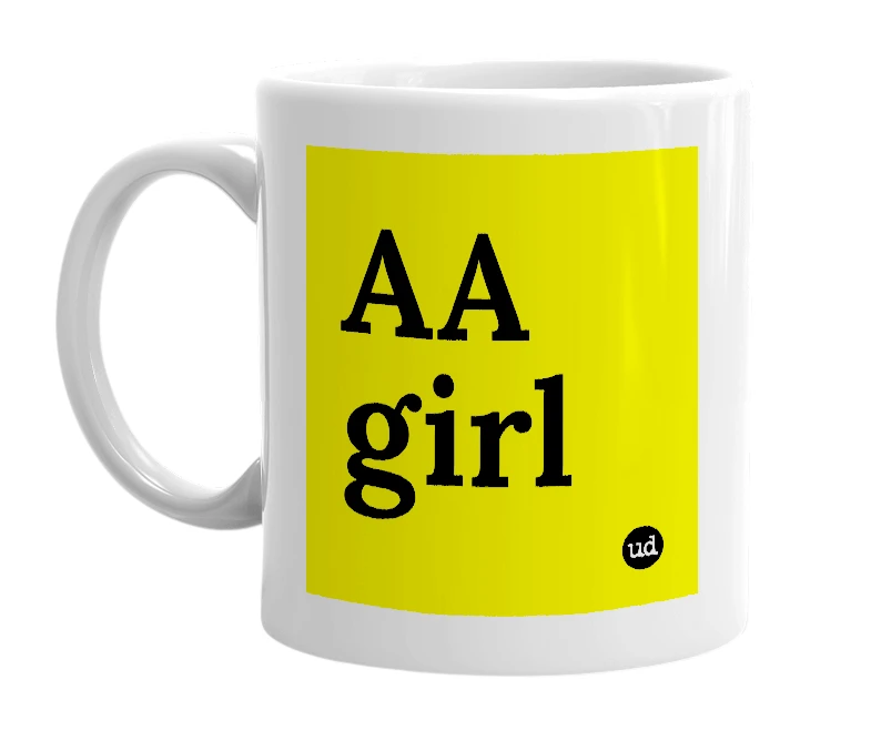 White mug with 'AA girl' in bold black letters