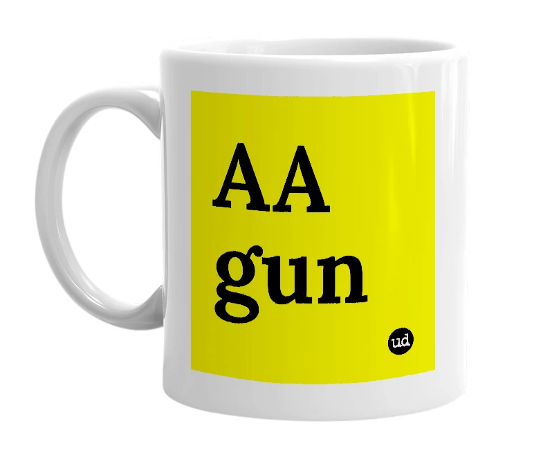 White mug with 'AA gun' in bold black letters