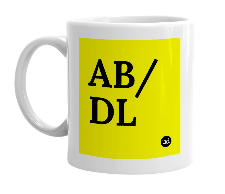 White mug with 'AB/DL' in bold black letters