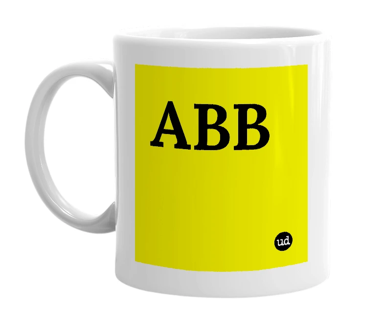 White mug with 'ABB' in bold black letters