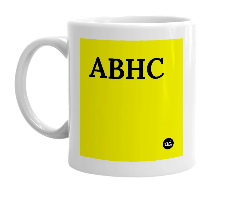 White mug with 'ABHC' in bold black letters