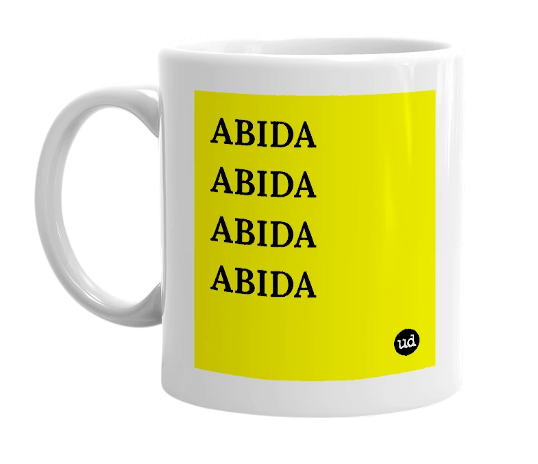 White mug with 'ABIDA ABIDA ABIDA ABIDA' in bold black letters