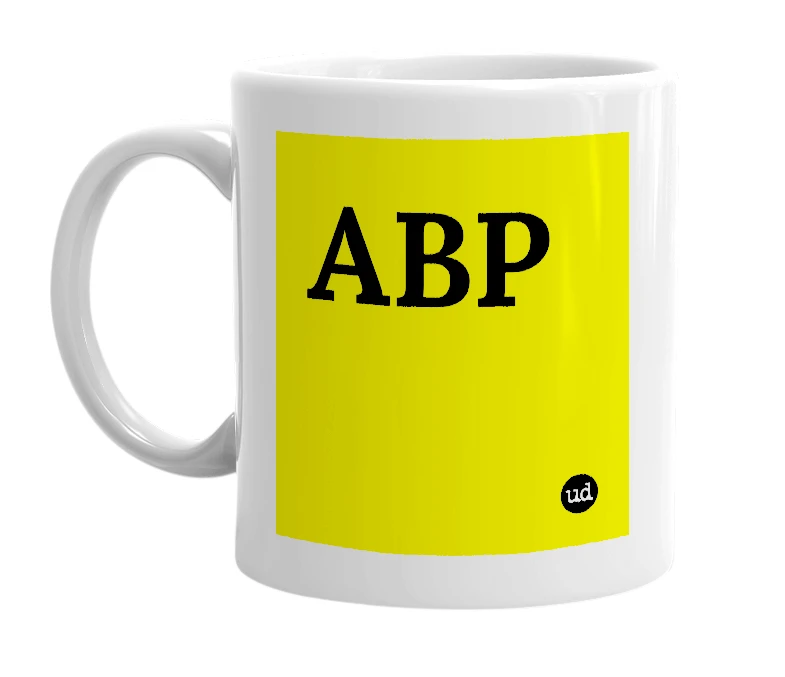 White mug with 'ABP' in bold black letters