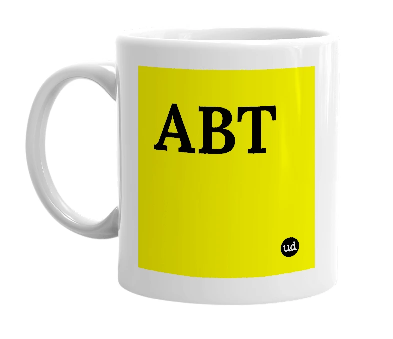 White mug with 'ABT' in bold black letters