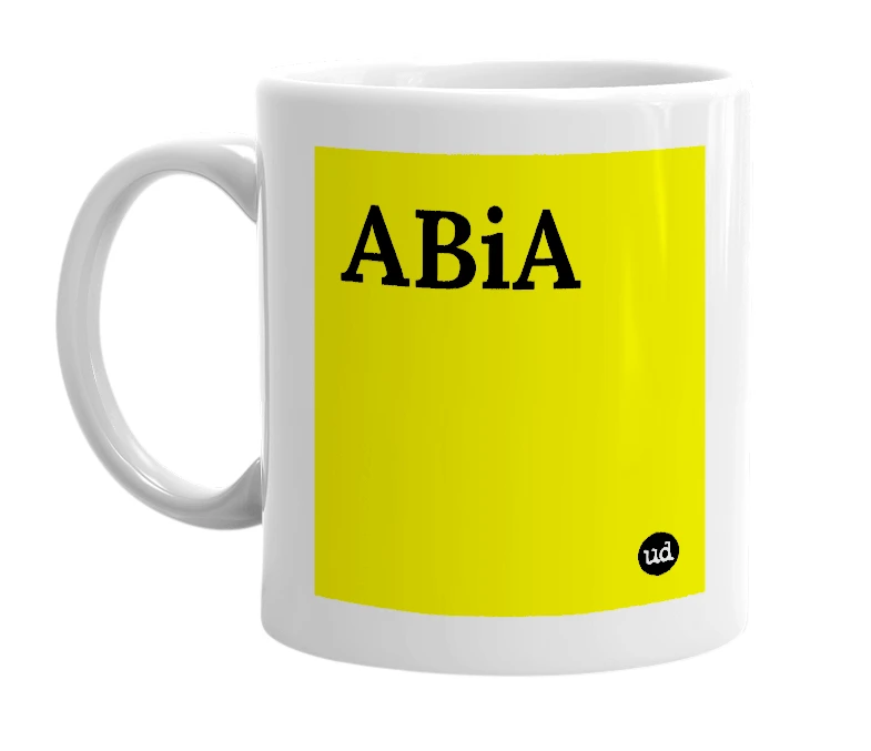 White mug with 'ABiA' in bold black letters