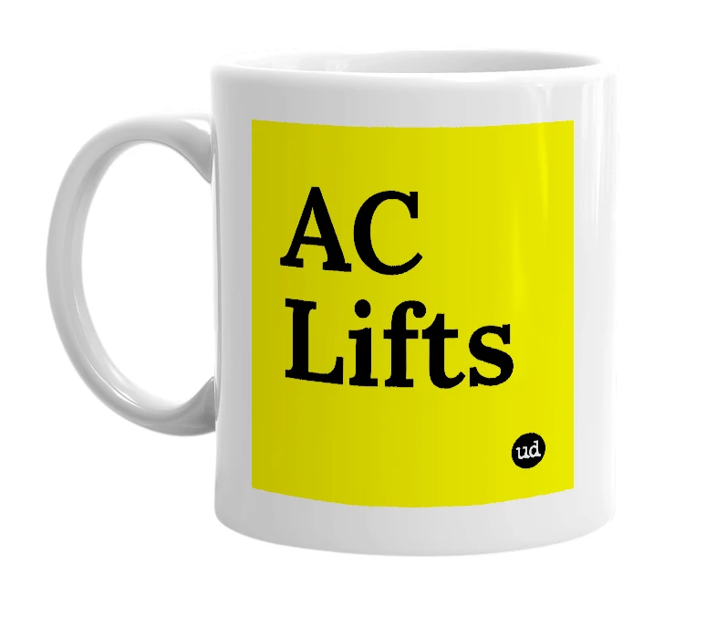 White mug with 'AC Lifts' in bold black letters
