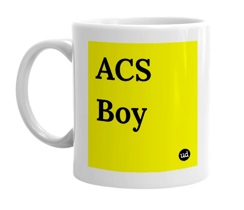 White mug with 'ACS Boy' in bold black letters