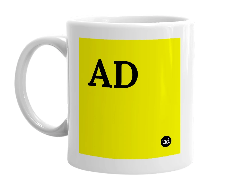 White mug with 'AD' in bold black letters