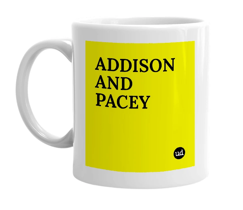 White mug with 'ADDISON AND PACEY' in bold black letters