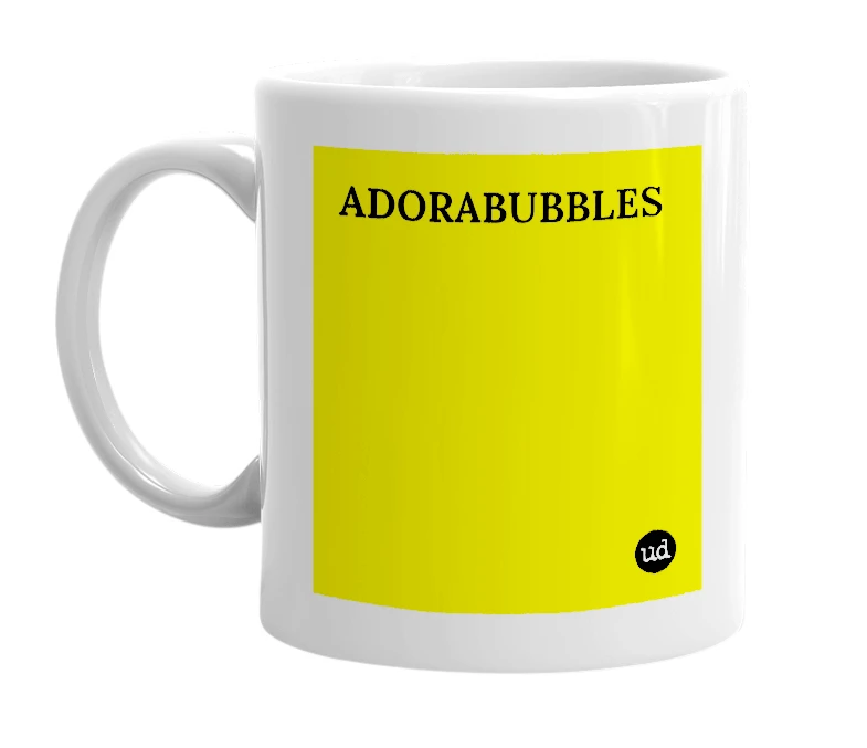 White mug with 'ADORABUBBLES' in bold black letters