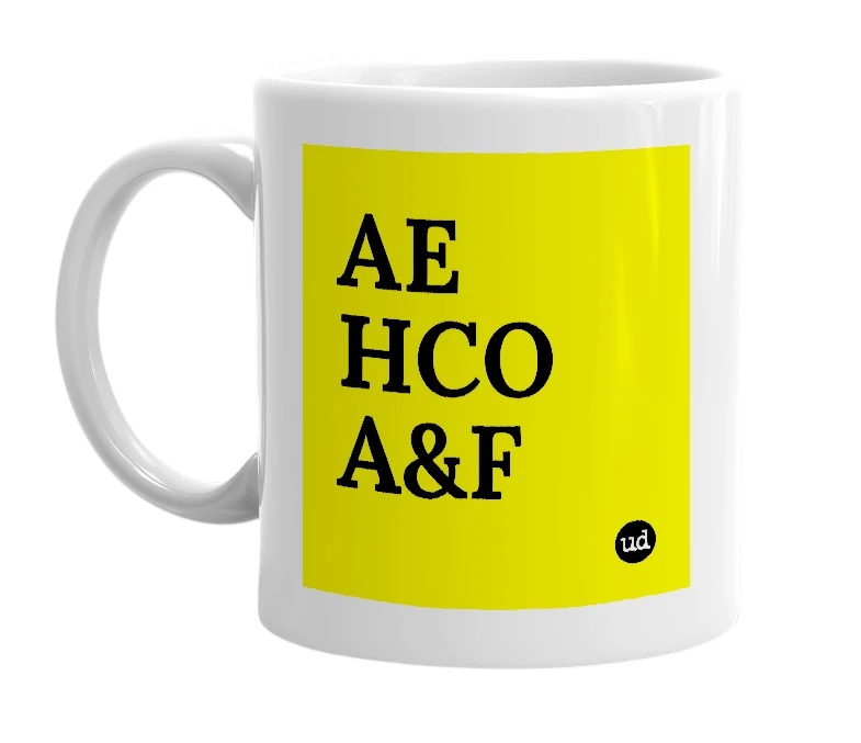 White mug with 'AE HCO A&F' in bold black letters