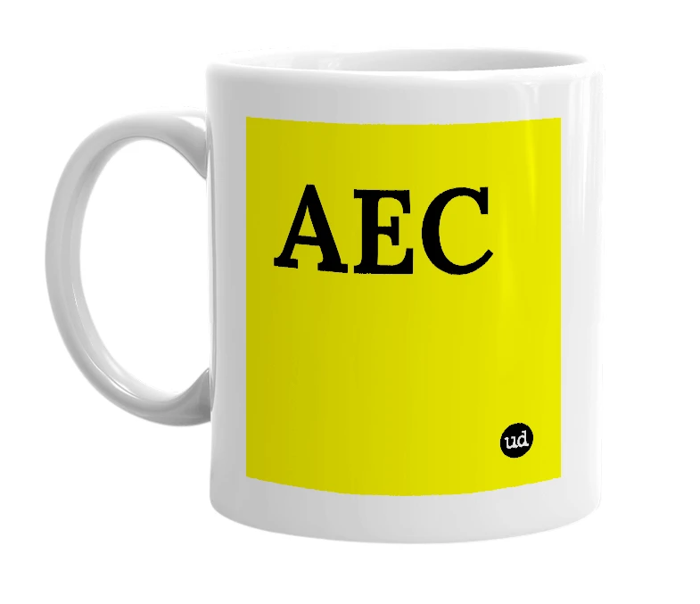 White mug with 'AEC' in bold black letters