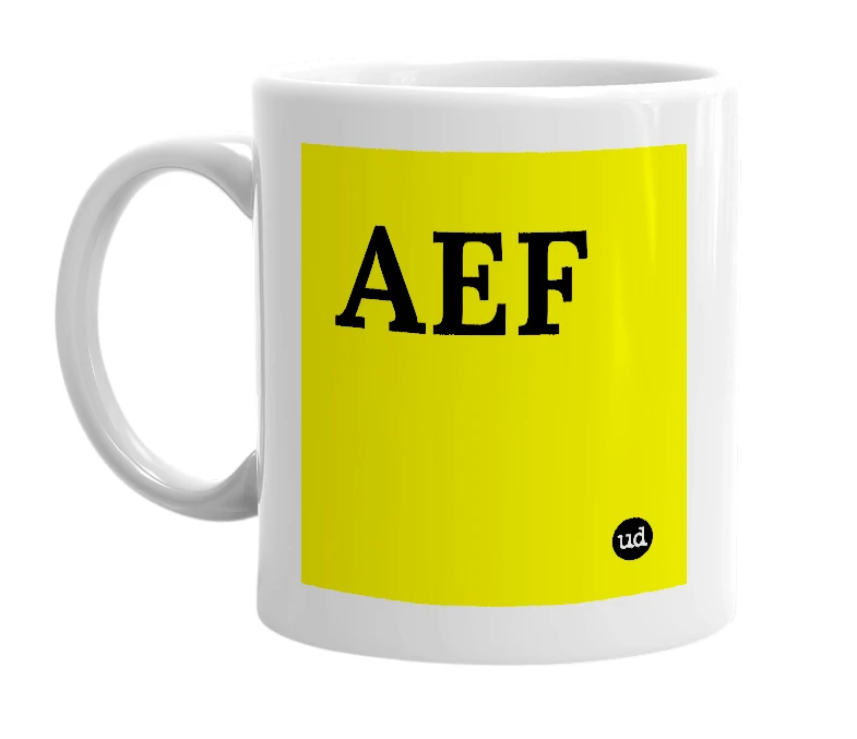 White mug with 'AEF' in bold black letters