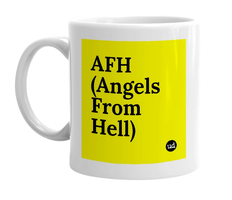 White mug with 'AFH (Angels From Hell)' in bold black letters