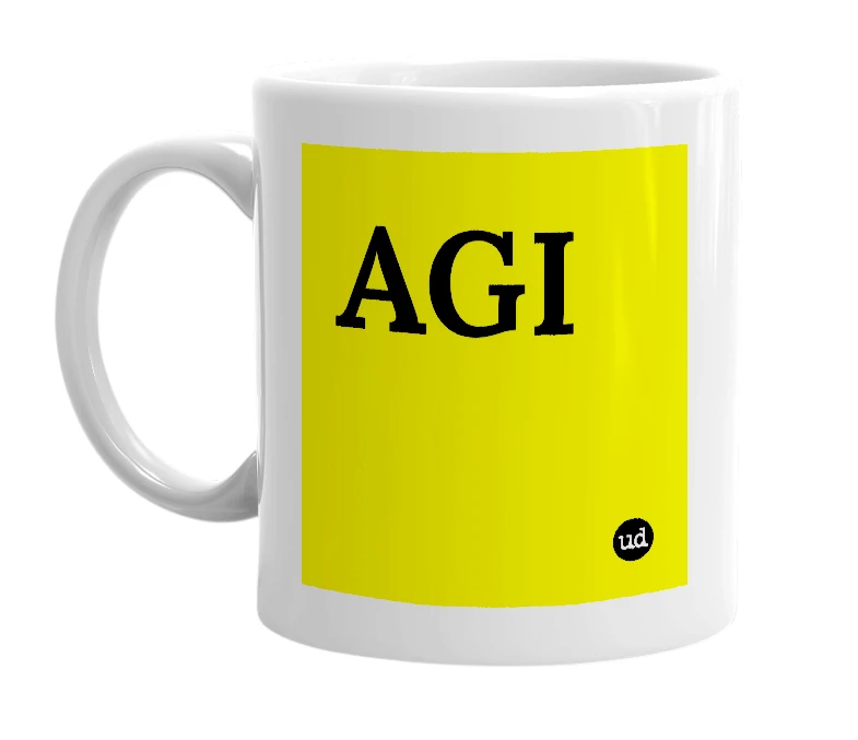 White mug with 'AGI' in bold black letters