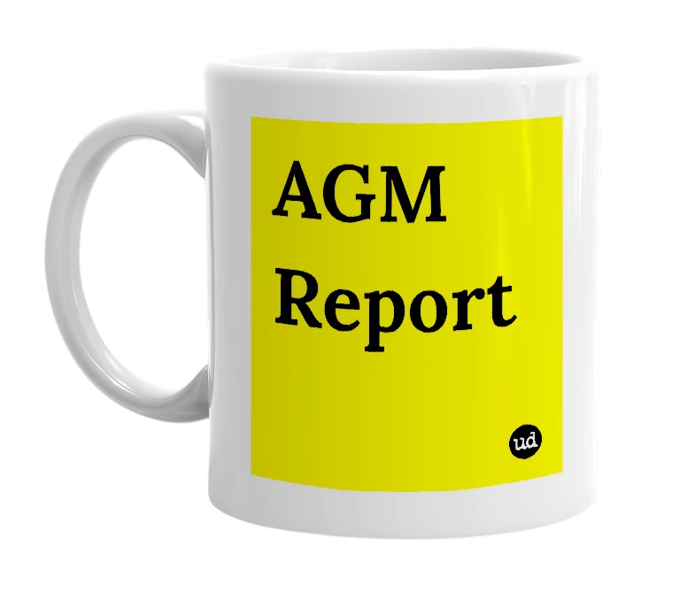 White mug with 'AGM Report' in bold black letters