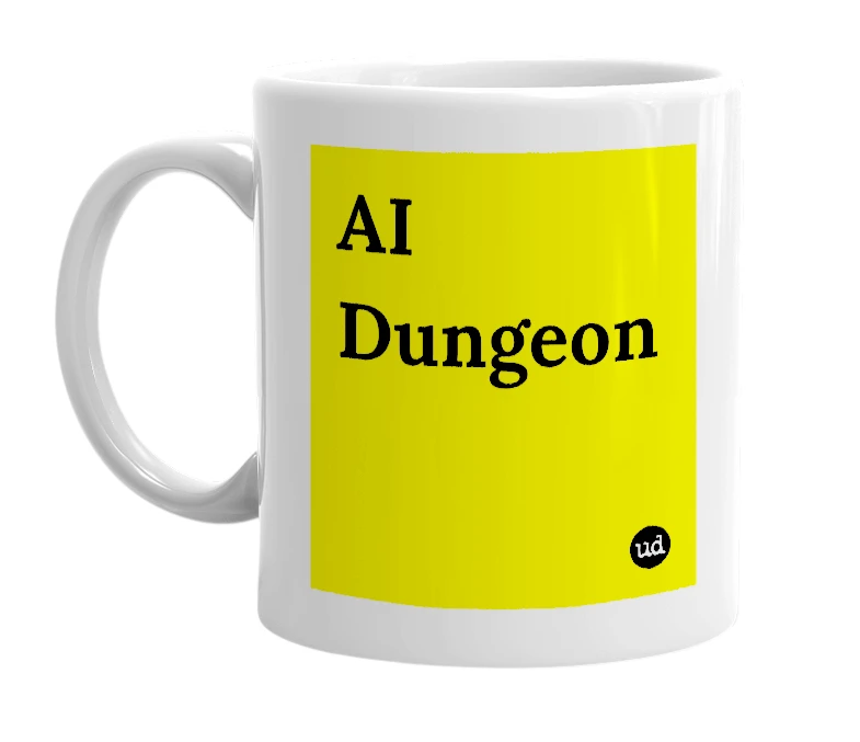 White mug with 'AI Dungeon' in bold black letters
