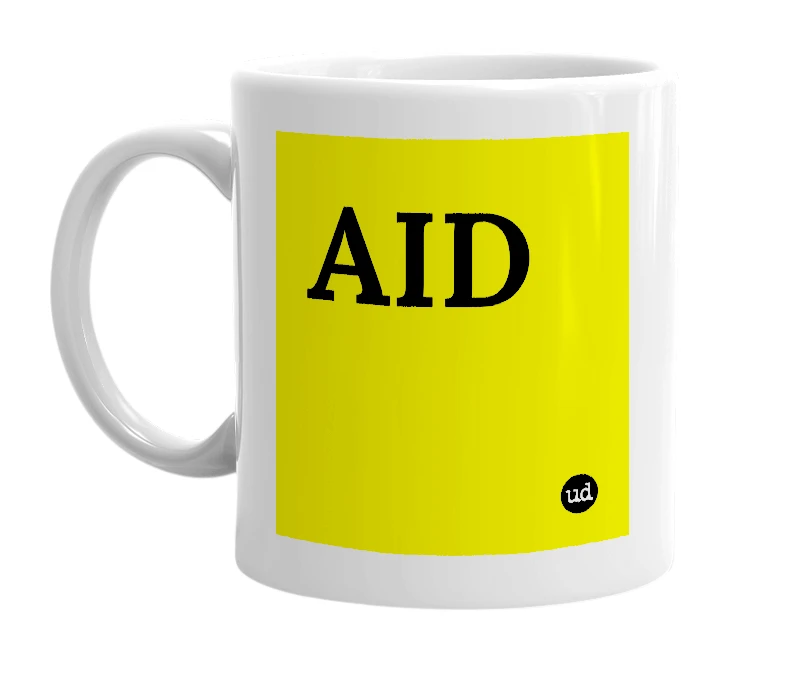 White mug with 'AID' in bold black letters