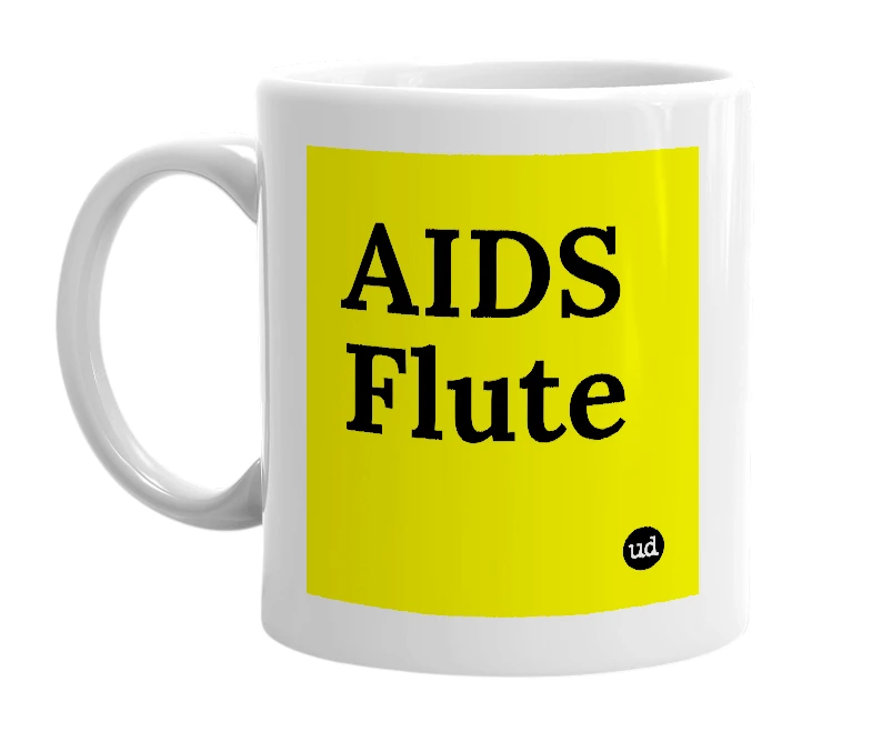 White mug with 'AIDS Flute' in bold black letters