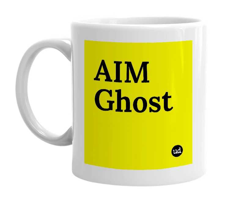 White mug with 'AIM Ghost' in bold black letters