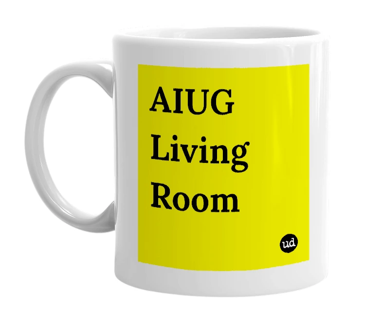 White mug with 'AIUG Living Room' in bold black letters