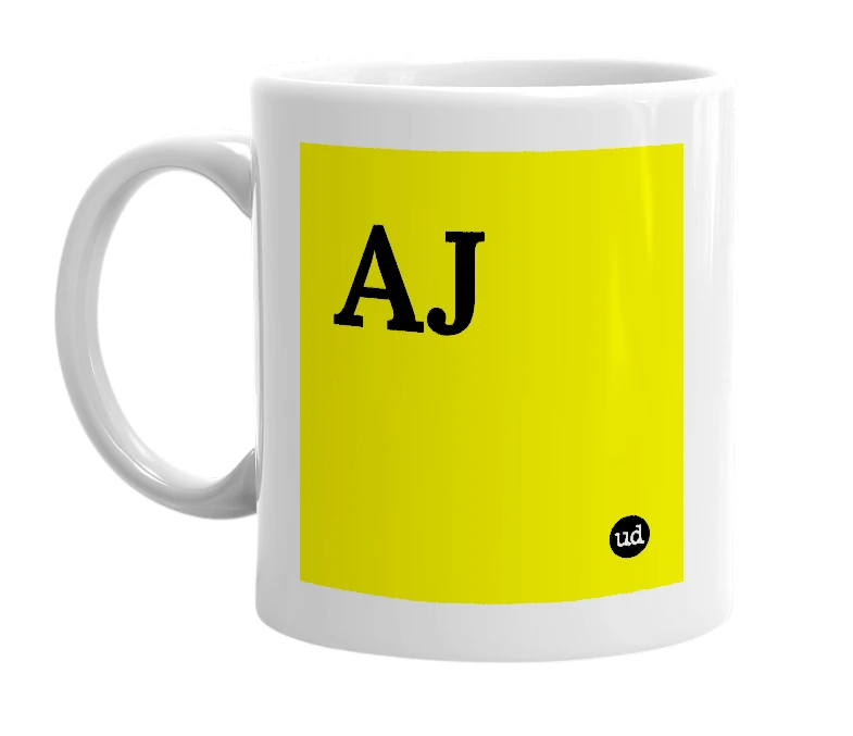 White mug with 'AJ' in bold black letters