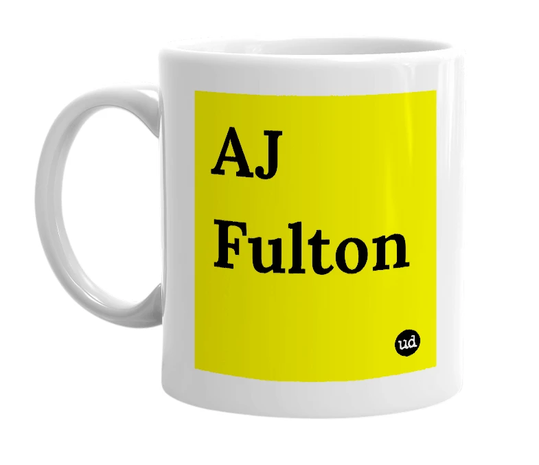 White mug with 'AJ Fulton' in bold black letters