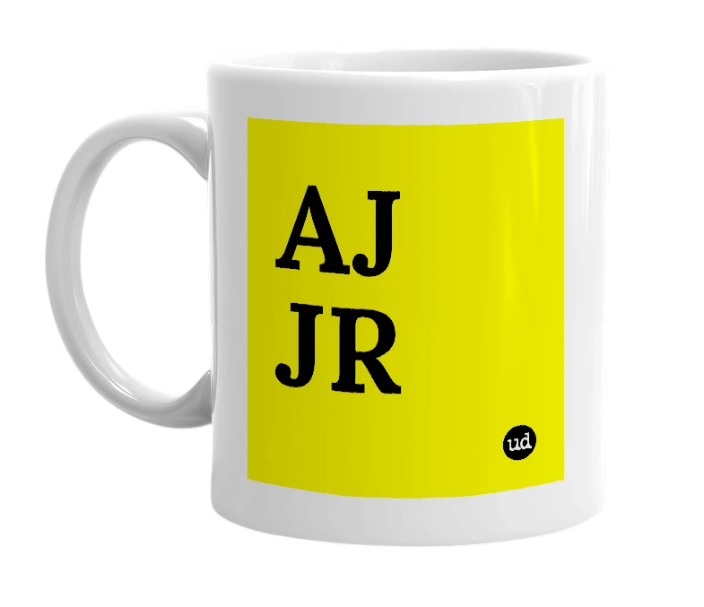 White mug with 'AJ JR' in bold black letters
