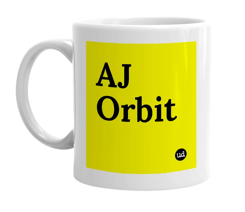 White mug with 'AJ Orbit' in bold black letters